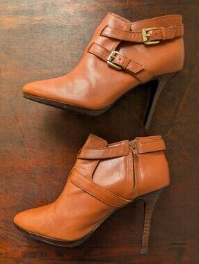 Lauren Ralph Lauren Lorelei Leather Ankle Booties Cognac Buckle Heels Size 7.5B